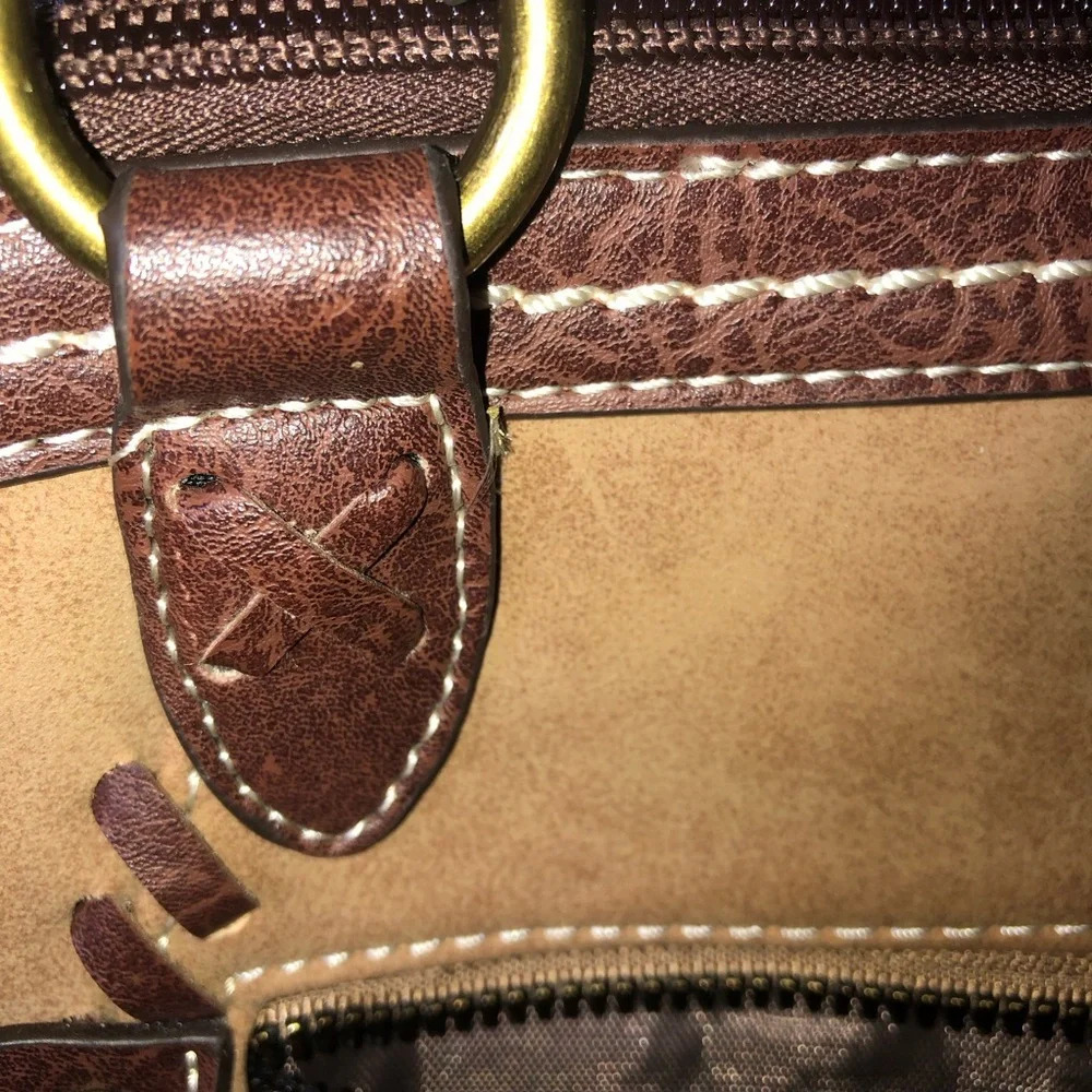 BOC SuedeLeather HandbagPurse BrownTan 2 Zip Openings No Shoulder Strap - Picture 4 of 11